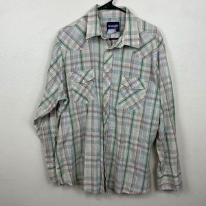 VINTAGE Wrangler Plaid Pearl Snap Button Shirt Multicolor Mens XL Long Sleeve